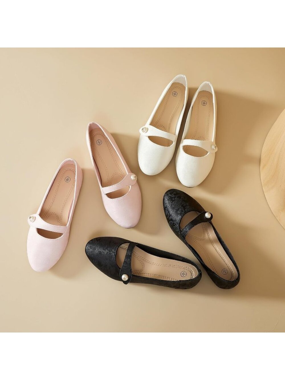Women's Pink Leather Mary Jane Floral Print Ballet Flats Pearl Buckle Shoes - Picture 6 of 6